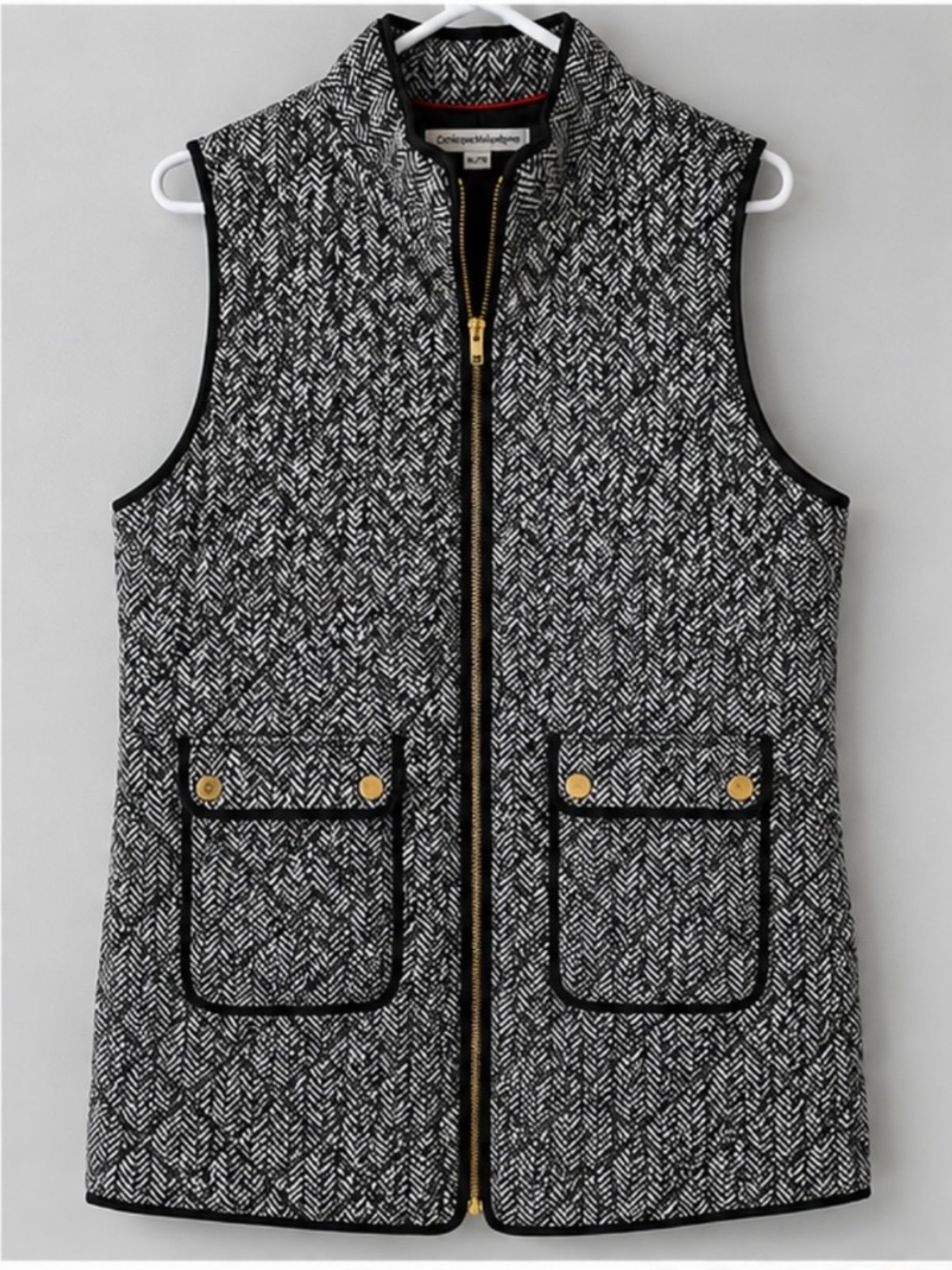 Catherine Malandrino XL Quilted Herringbone Vest Black White Gold Zip